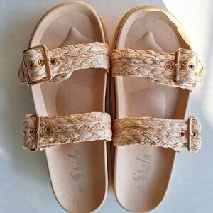 New Straw Braided Buckle Slide Footbed Sandal